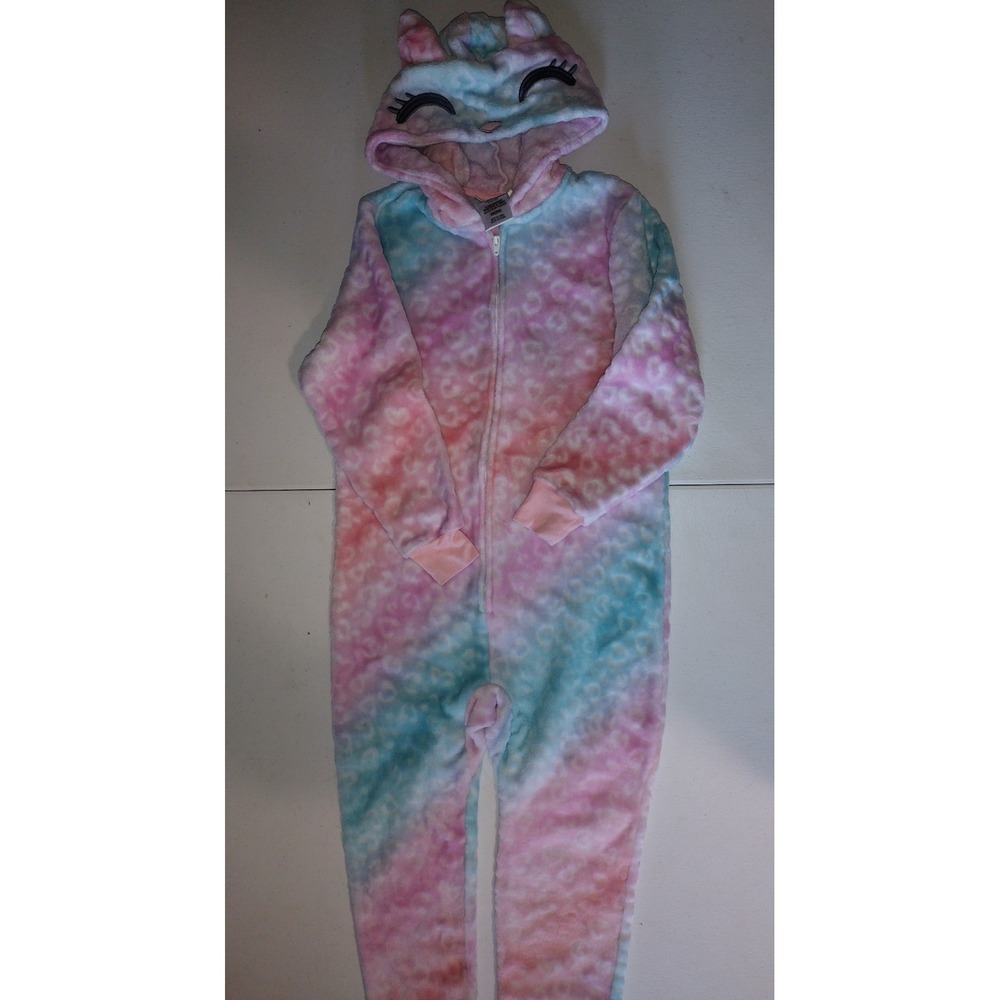 Saint Eve Girls Pastel Tie Dye Leopard Fleece Hooded One Piece‎ Pajamas XS 5/6